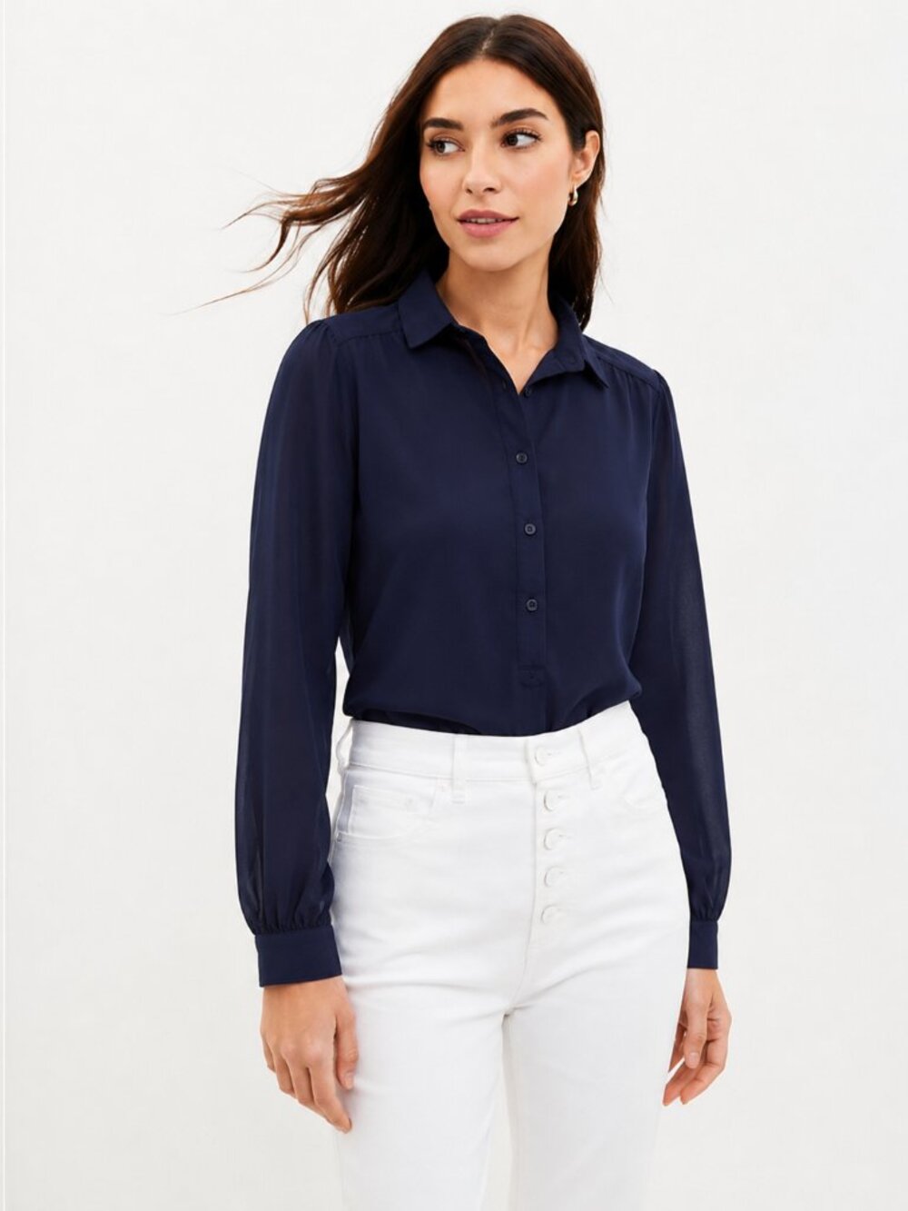 LOFT Navy Long-Sleeve Collared Split-Placket Blouse
